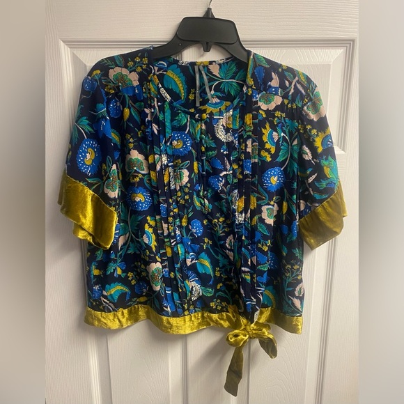 Anthropologie 100% Viscose Clara Print Velvet Trimmed Top Size Large - Picture 2 of 5